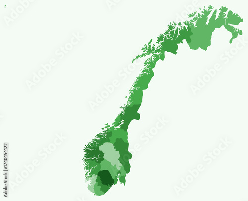 Map of Norway with regions. Just a simple country border map with region division. Green color palette. Blank Norway shape with administrative division. Vector illustration.