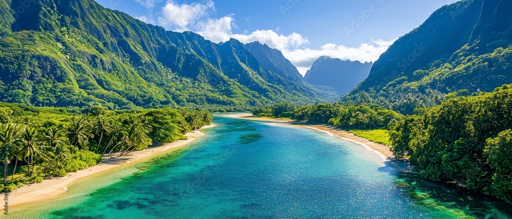 Fototapeta premium Breathtaking river flowing through lush mountains tropical paradise nature photography sunny day serene landscape