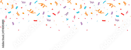 Colorful confetti and streamers falling against a white background, creating a festive and celebratory atmosphere.