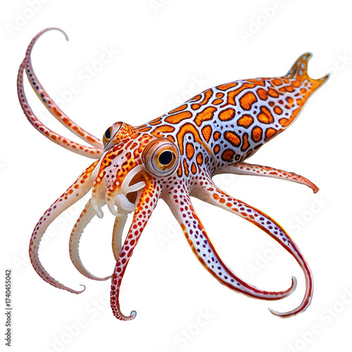 Vibrant orange and white patterned squid, close up on black background