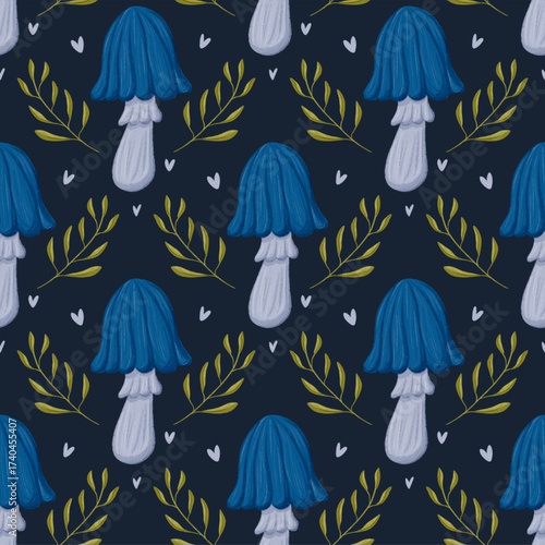 Dark Blue Mushroom Seamless Pattern For Fabric Textile Background And Wallpaper