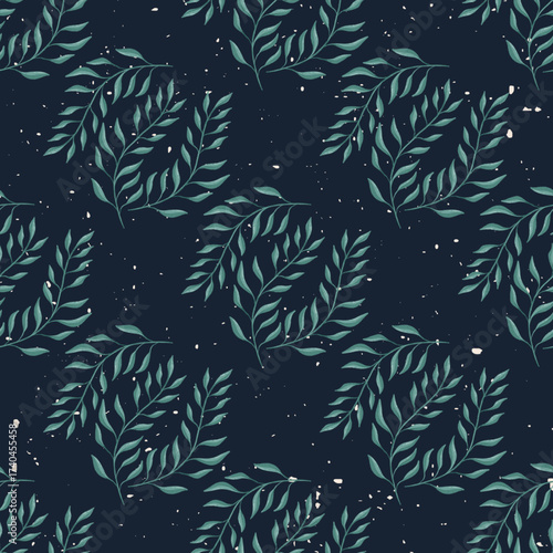 Dark Blue With Green Leaves Seamless Pattern Background And Wallpaper