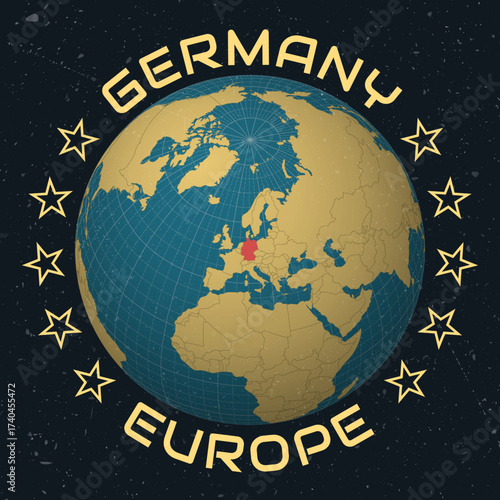 Germany on Globe. Country name round text. Vintage look with grunge scratched texture. Country view on world map in Sky Blue Light Yellow color palette. Germany shape on map.