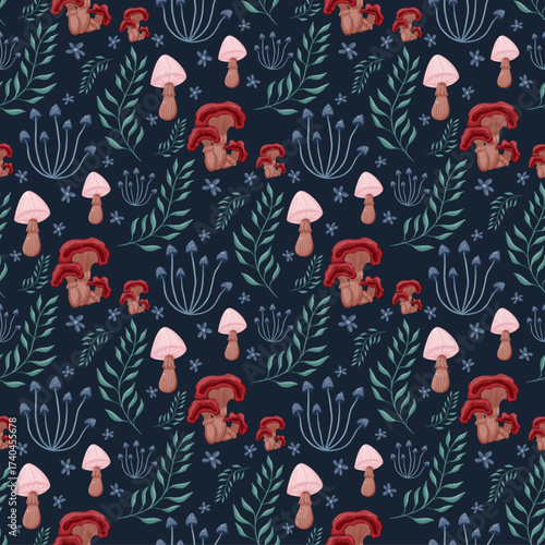 Dark Blue With Mushroom And Nature Leaves Seamless Pattern For Fabric Textile Design