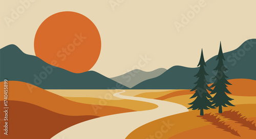 Serene landscape with mountains trees and a winding path under a warm sunset glow