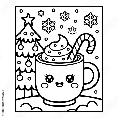 Cute Christmas Hot Chocolate Coloring Page, Holiday Drink with Candy Cane Illustration, Adorable Winter Beverage Coloring Sheet, Printable Kids Holiday Activity, Kawaii Hot Cocoa Coloring Page.