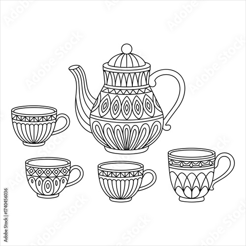 Tea Set Coloring Page for Kids, Teapot and Cups Activity Illustration, Cute Teapot and Cups Printable Coloring Sheet, Children’s Drinkware Drawing, Adorable Tea Time Coloring Page, Fun Kitchenware.
