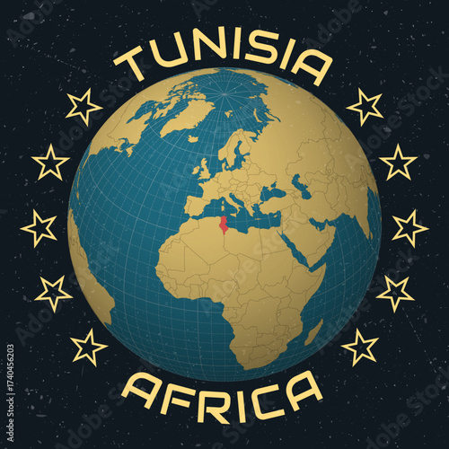Tunisia on Globe. Country name round text. Vintage look with grunge scratched texture. Country view on world map in Sky Blue Light Yellow color palette. Tunisia shape on map.