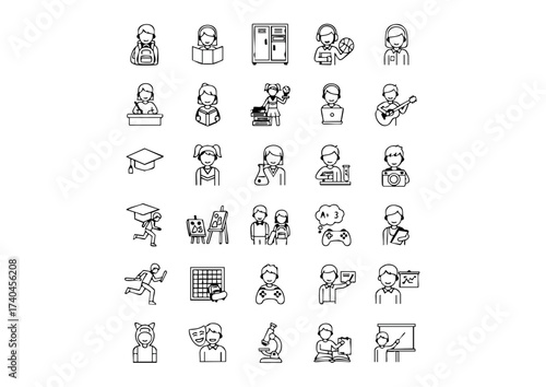 Campus Life Icons: Black & White High School Vector Set, Student Graphics: Thick Line Education and Teen Icon Pack, Back-to-School Line Art: High School Kids & Subject Pictograms