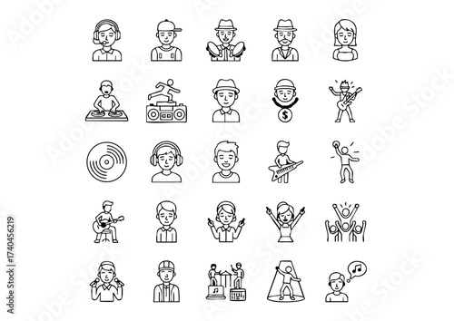 Pop Star Power: 25 Black & White Singer Vector Icons, Mic Drop Graphics: Line Art Music Performer Icon Set, Vocalist Vector Collection: Thick Line Concert & Music Icons