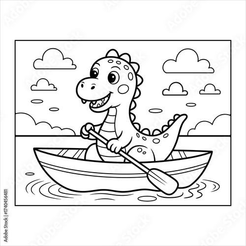 Dinosaur Rowing Boat Coloring Page, Cute Dinosaur Cartoon Vector, Kids Activity Coloring Sheet.