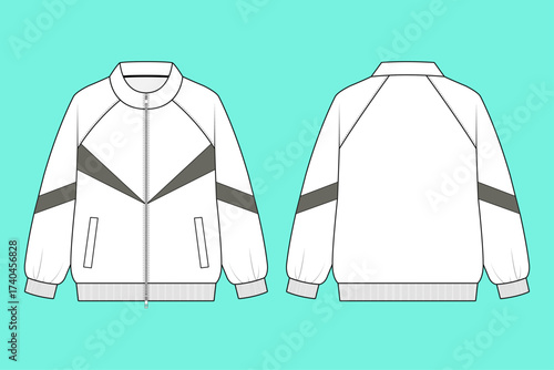 Monochrome Zip-Front Raglan Track Jacket with Abstract Color-Blocking Technical Fashion Flat CAD.