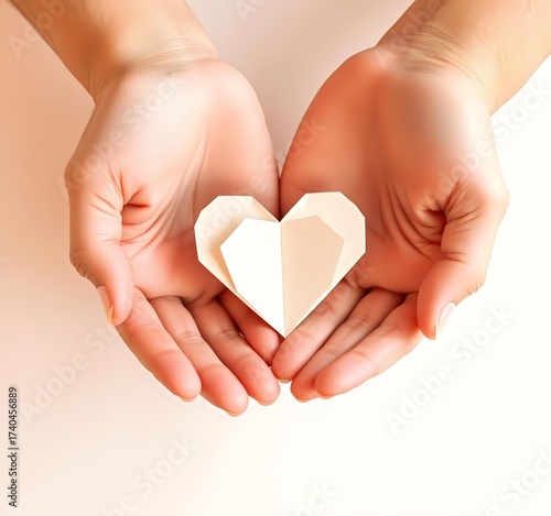 Two Hands Holding Heart on White Paper Closeup