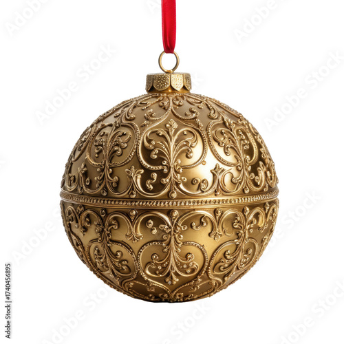 Ornate golden Christmas ornament with red ribbon hanging against black