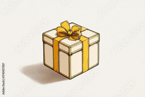 Hand drawn illustration of a simple white gift box tied with a golden yellow ribbon and bow on a light background