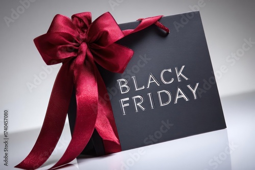 Elegant black friday shopping bag adorned with a luxurious red satin bow symbolizing holiday sales and gift giving opportunities