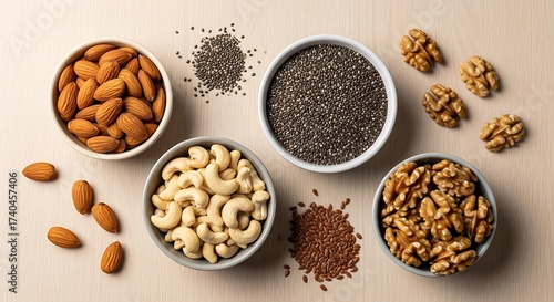 Overhead view of bowls containing almonds, cashews, walnuts and seeds