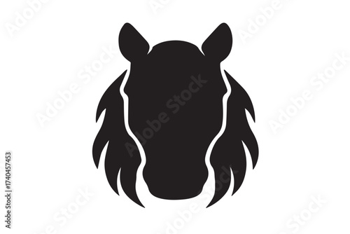 Stylized horse head silhouette with bold black mane, faceless animal outline illustration, isolated on white background for logos, icons, tattoos, and creative artwork
