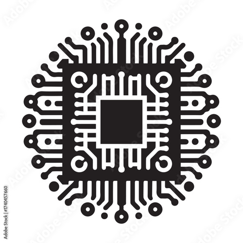 Circular microchip silhouette with radiating circuit traces and a central square on a white background