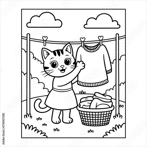 Cute Cat Coloring Page for Kids Cartoon Kitten Hanging Laundry, Happy Cat Illustration Printable Kids Activity Coloring Sheet with Clothesline, Cartoon Kitten Doing Laundry Fun Children's.