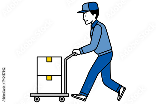 台車で荷物を運ぶ配達員の男性