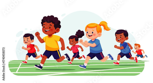 Diverse Group of Children Running in a Race.