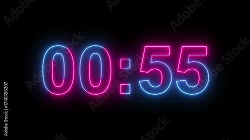 Glowing neon colorful 1 minute countdown animation from 60 seconds to 0 seconds. 1 minute countdown timer on a black background. 4k video	