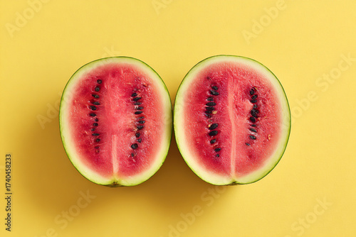 Two halves of a ripe watermelon on a bright yellow background