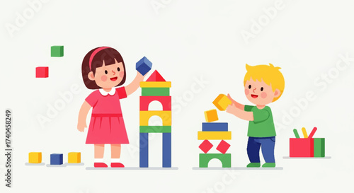 Two Young Children Building Colorful Toy Blocks Together.