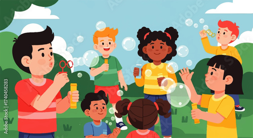 Diverse Group of Children Enjoying Blowing Bubbles Outdoors.