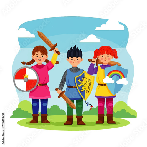 Three Children Dressed as Knights Ready for Adventure.