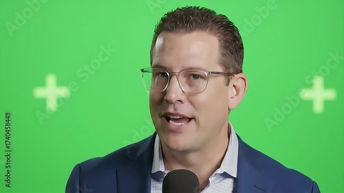 A professional man in glasses smiles and speaks into a microphone against a green screen.