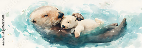 Watercolor depiction of a mother sea otter cradling her pup while floating on gentle ocean waves, serene pastel blues