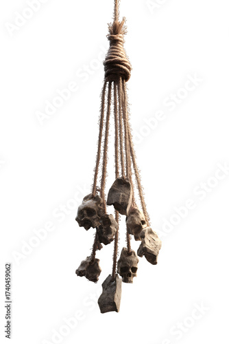 Eerie skull charms hanging from knotted rope, evokes mystery and suspense perfect for horror themes or gothic designs, Halloween, dark arts. A Halloween Design