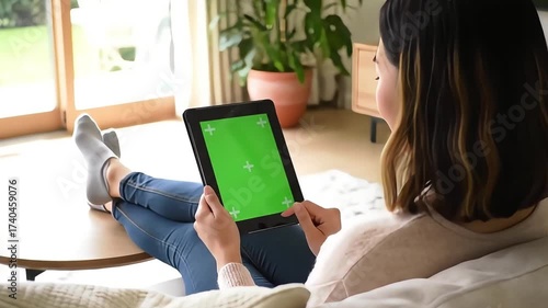 Young woman relaxing on sofa, using tablet with green screen display for digital content