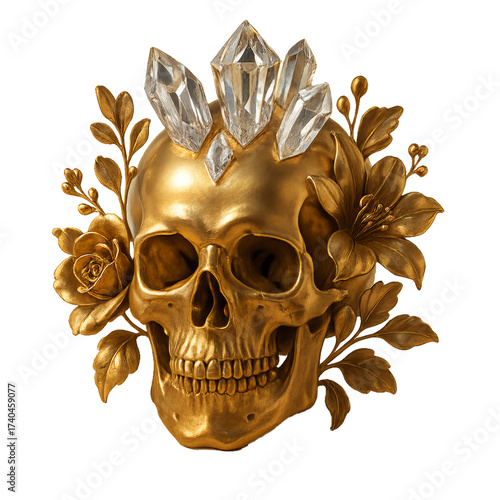 Elegant Golden Skull Adorned with Crystals and Floral Accents