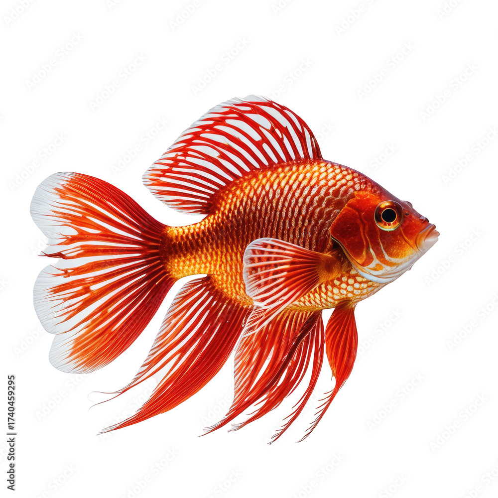 Fototapeta premium Vivid orange & white goldfish with flowing fins, isolated against black background