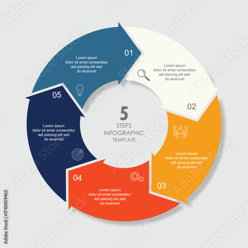 Vector infographic label design with a circle infographic template design and 5 options or steps. Can be used for process diagrams, presentations, workflow layouts, banners, flowcharts, and infography
