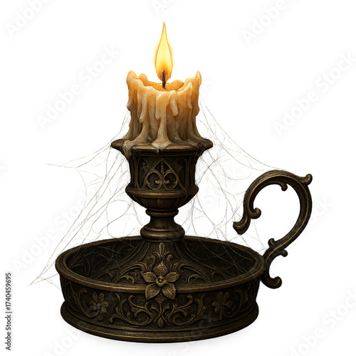 Elegant Gothic Candleholder with a Flickering Flame and Cobwebs