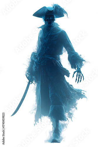 Ethereal pirate apparition with sword, a spectral captain ready for adventure, ghostly sailor in vintage attire, perfect for Halloween and fantasy projects