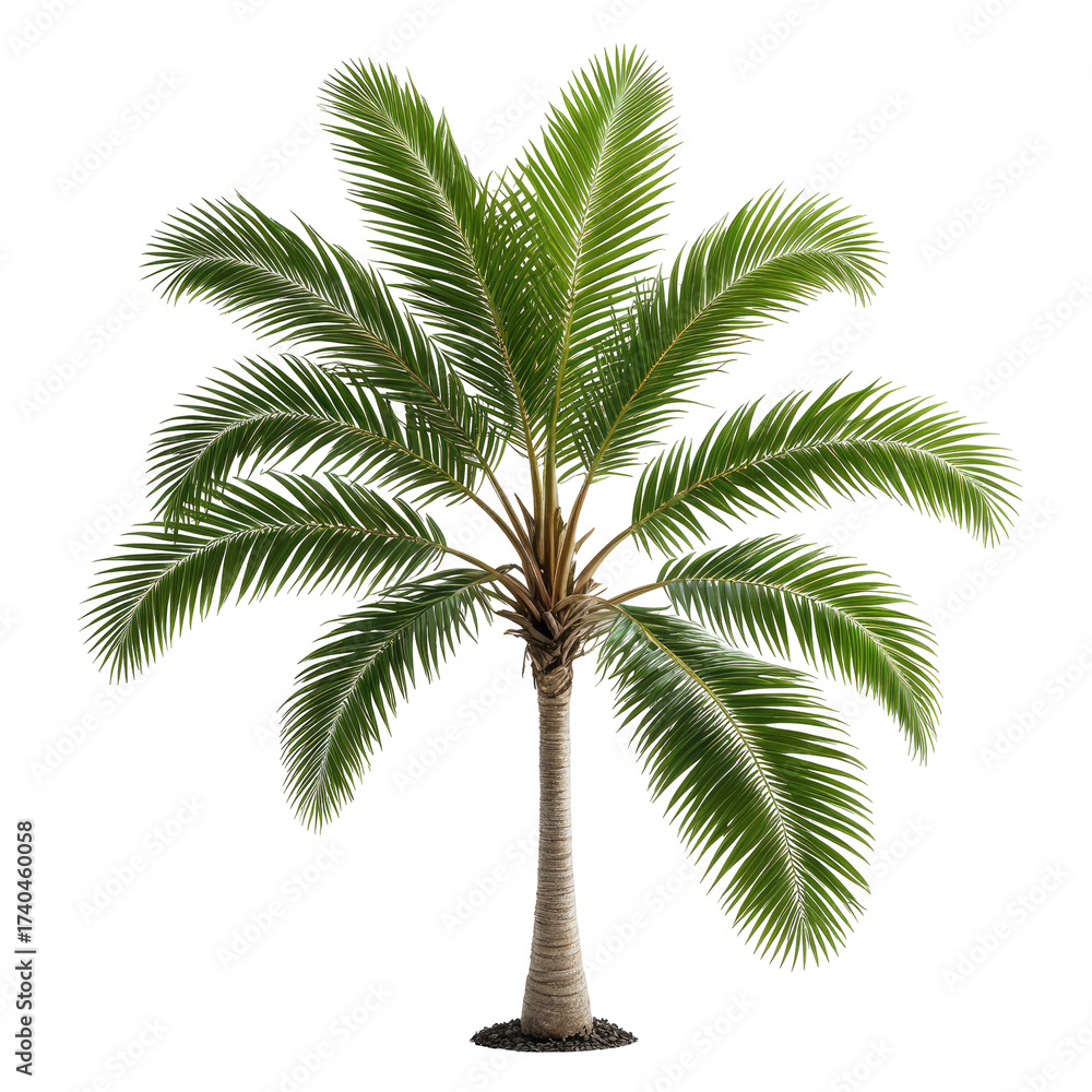 Fototapeta premium Tropical palm tree with lush green leaves, isolated on black background
