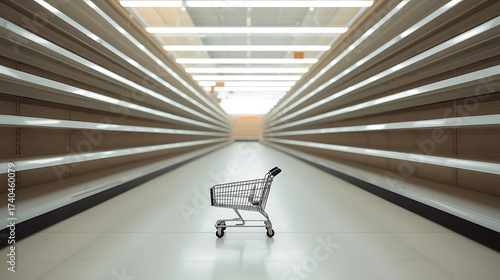Small miniature shopping cart placed inside oversized supermarket aisle, empty shelves in the background.