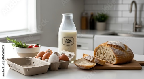 Fresh Ingredients for Baking - Milk, Eggs, Bread, and Greens.