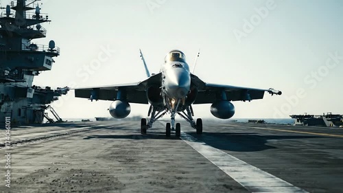 Powerful F/A-18 Hornet Military Fighter Jet Preparing for Catapult Launch on an Aircraft Carrier Deck with Engine Thrust and Heat Haze Visible on a Clear Day