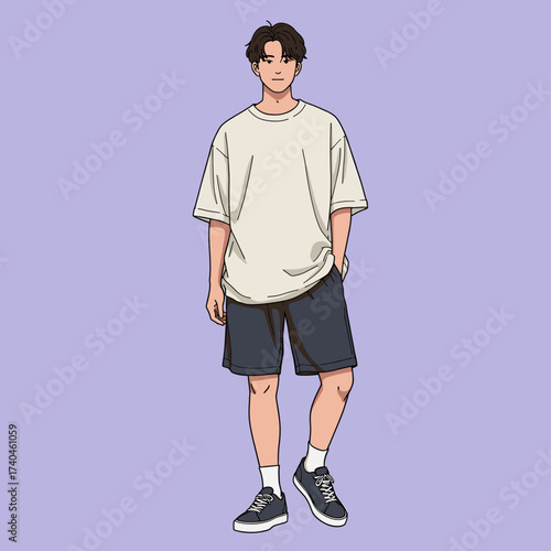 Stylish young man in casual oversized t-shirt and shorts, full-body illustration. Youthful summer fashion on purple background.