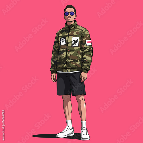 Cool Urban Man in Camouflage Jacket & Shorts with Sunglasses on Pink Background - Fashion Illustration