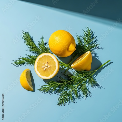 Fresh Lemons and Dill on Blue Background - A Vibrant Citrus Composition.