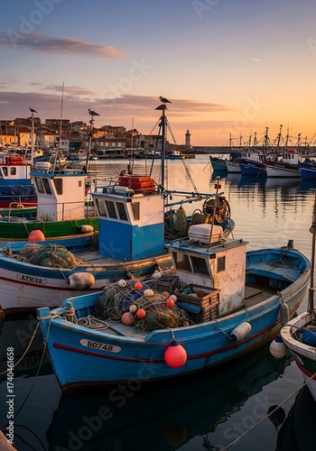 Fishing Boats in a Harbor at Sunset - A Tranquil Scene.