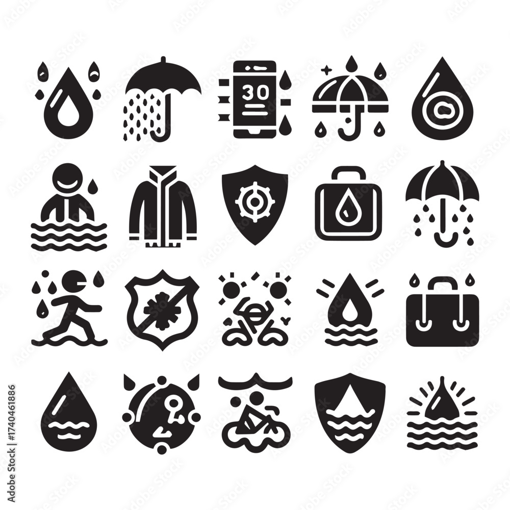 Fototapeta premium Assortment of 20 black icons for weather resistance and protection on a white background water drop