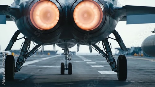 Powerful twin engines of a modern fighter jet glowing brightly